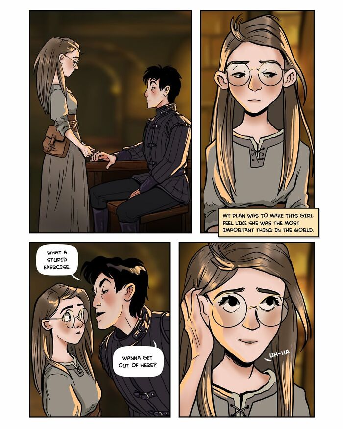 A Female-Led Fantasy Webcomic Serpent panel: A young man tries to flirt with a young woman, who looks uncomfortable.