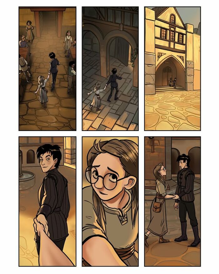 A Female-Led Fantasy Webcomic Serpent sequence: A young woman is led by a young man through a town, looking uncertain.