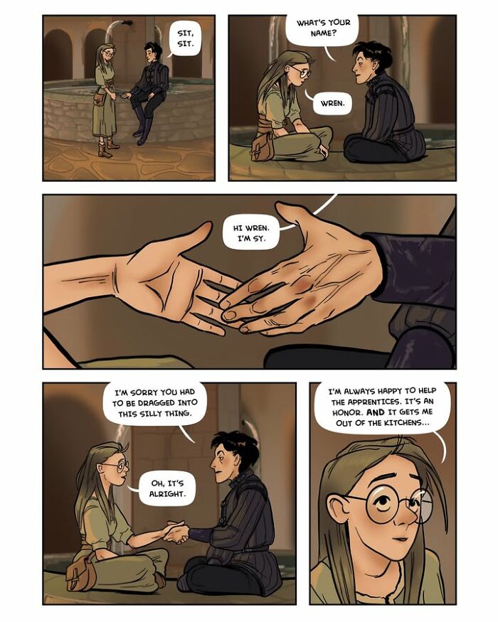 A Female-Led Fantasy Webcomic Serpent conversation: A young man and woman introduce themselves, discussing their circumstances.