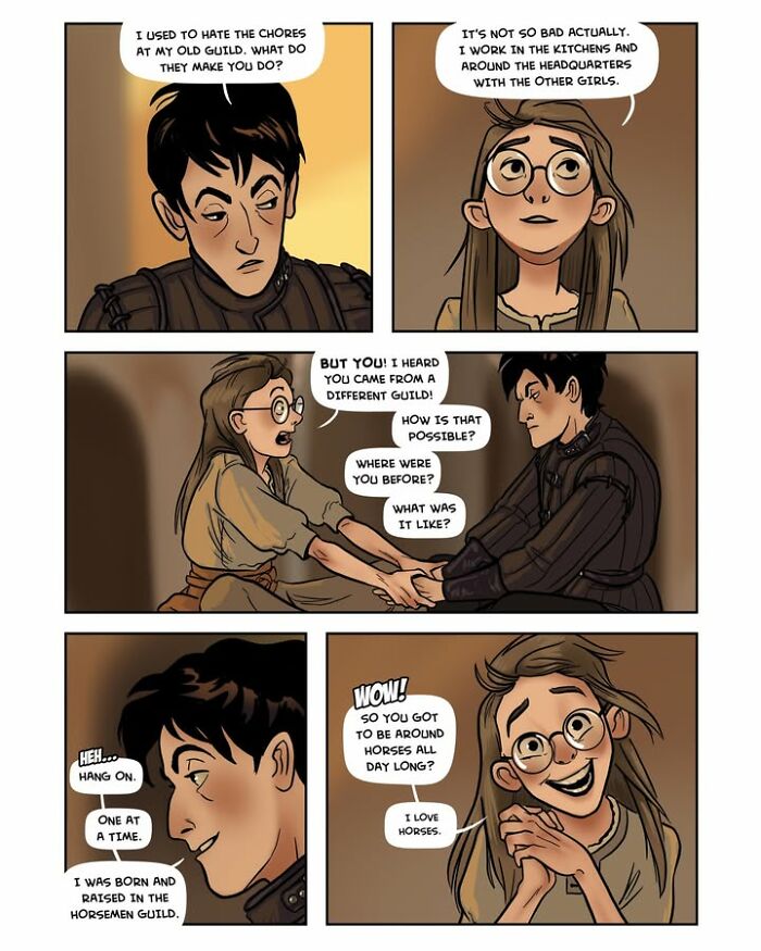 A Female-Led Fantasy Webcomic Serpent dialogue: A young man and woman talk about their past, with the woman expressing excitement.