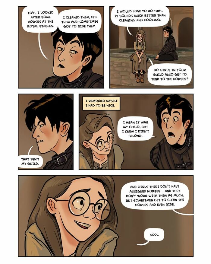 A panel from the fantasy webcomic Serpent by Yael Nathan, showing two characters discussing horses and guilds.