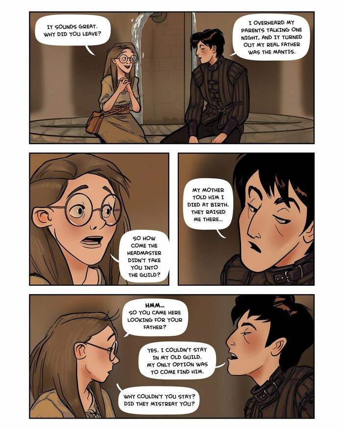 Another panel from the fantasy webcomic Serpent by Yael Nathan, where characters discuss family and their pasts.