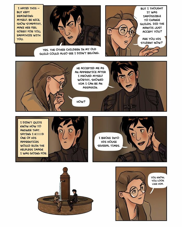 A comic panel from the fantasy webcomic Serpent by Yael Nathan, showing characters talking about becoming an assassin.