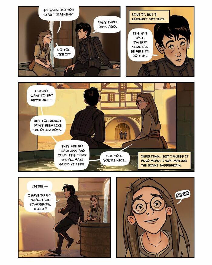 A comic panel from the fantasy webcomic Serpent by Yael Nathan, showing two characters interacting in a town square.
