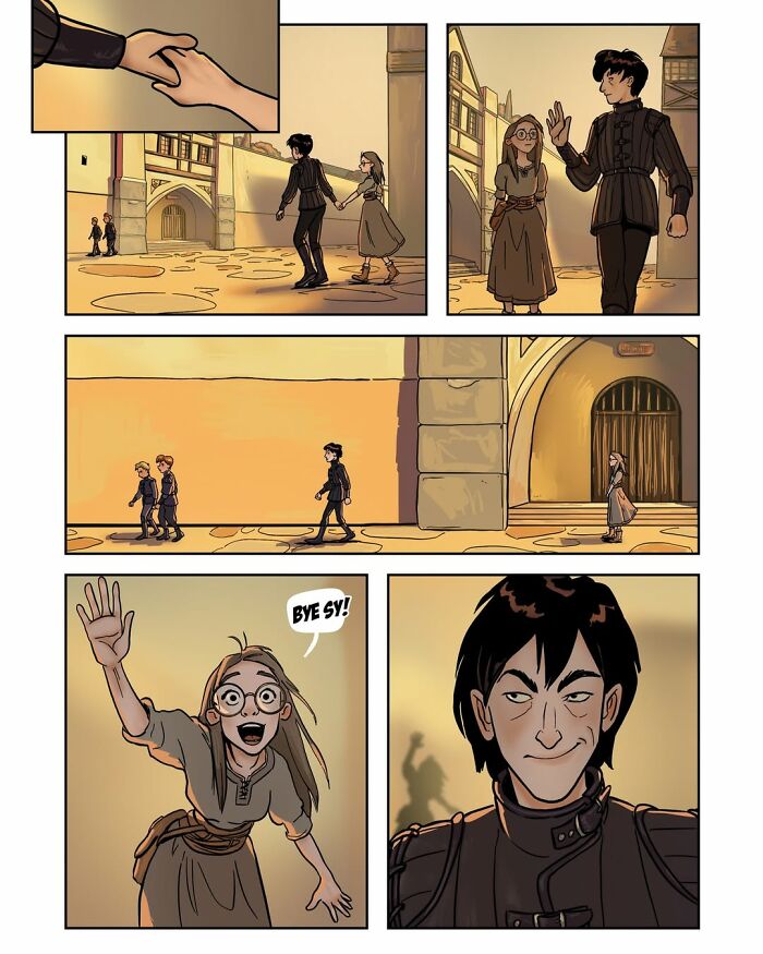 A sequence of panels from the fantasy webcomic Serpent by Yael Nathan, depicting characters saying goodbye in a town.