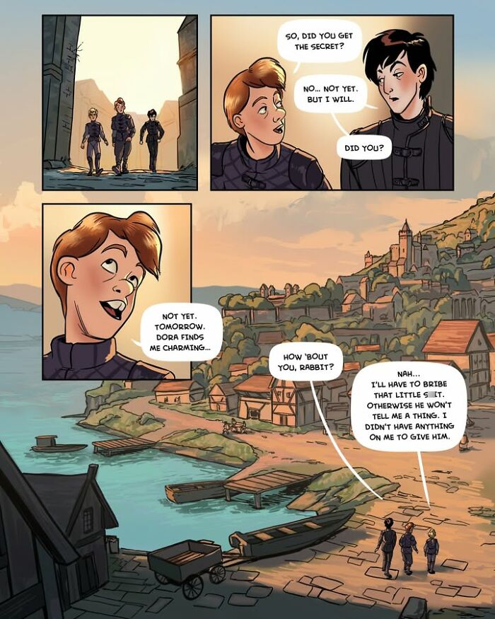 A panel from the female-led fantasy webcomic Serpent by Yael Nathan, showing two male characters conversing by a water village.