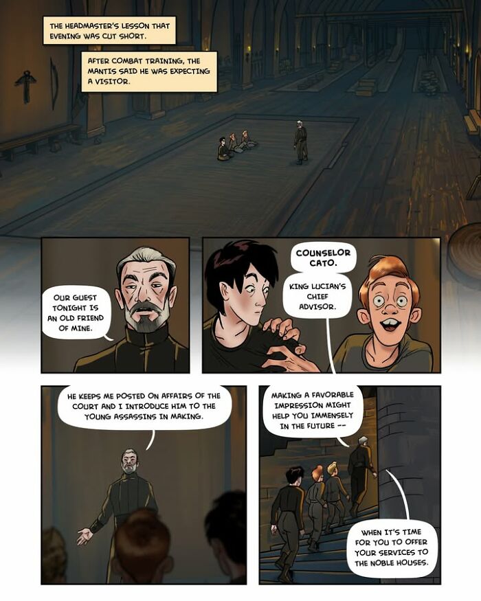 A panel from the female-led fantasy webcomic Serpent by Yael Nathan, featuring characters in a hall discussing an old friend and advisor.