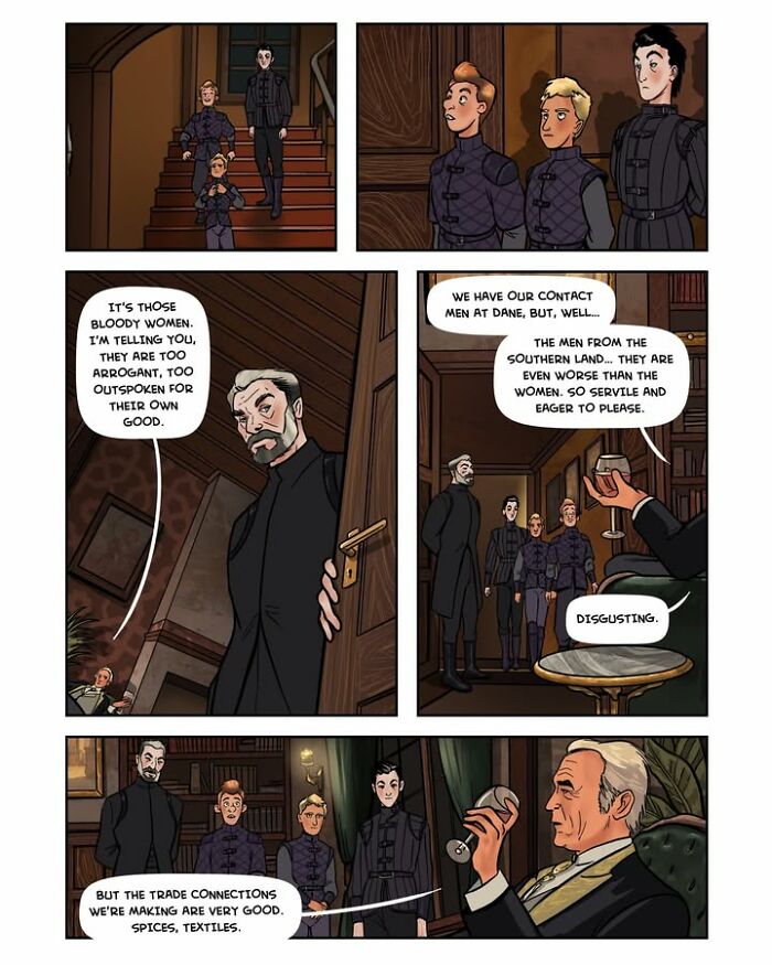 A panel from the female-led fantasy webcomic Serpent by Yael Nathan, depicting characters talking about women and trade connections.