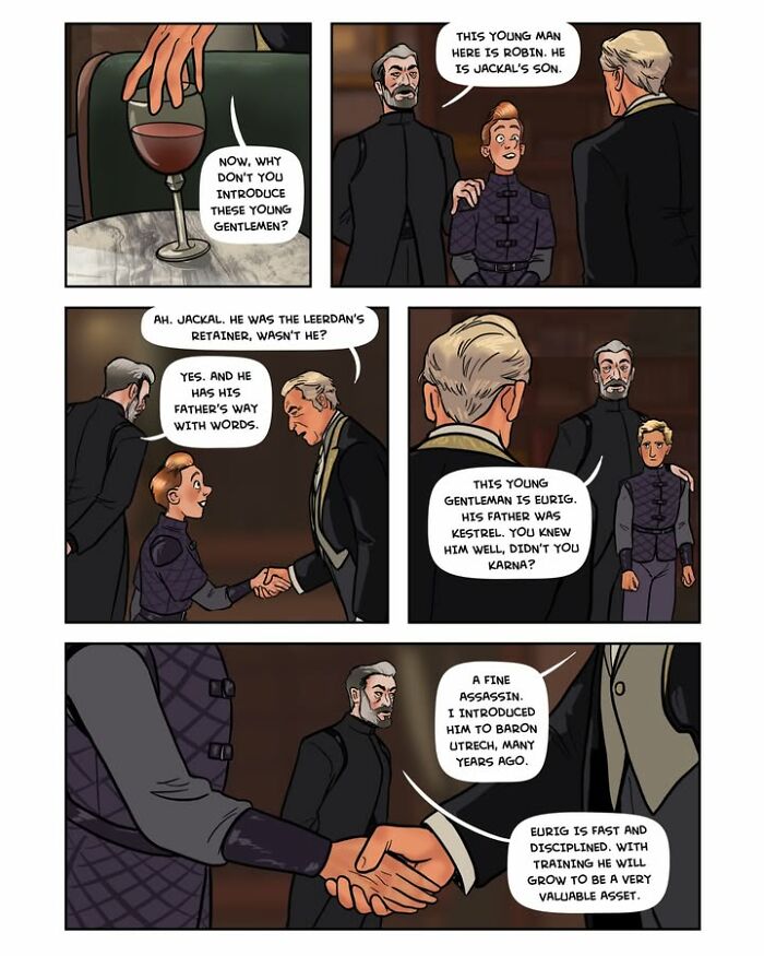A panel from the female-led fantasy webcomic Serpent by Yael Nathan, showing two men introducing young gentlemen, Robin and Eurig.