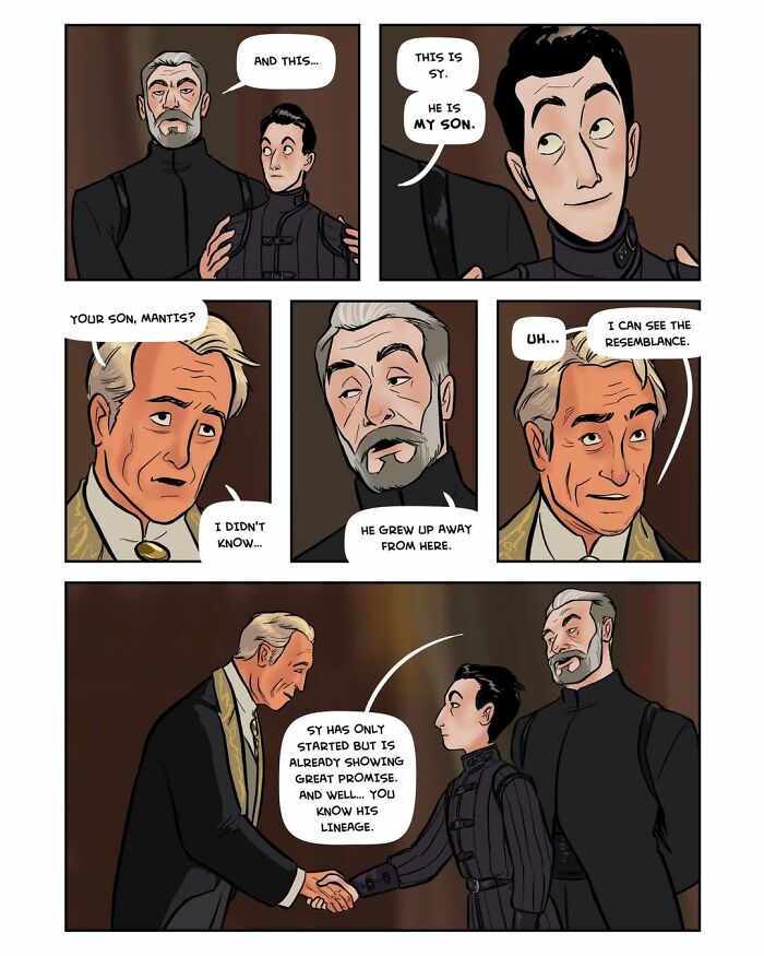 A panel from the female-led fantasy webcomic Serpent by Yael Nathan, where a character introduces his son, Sy.