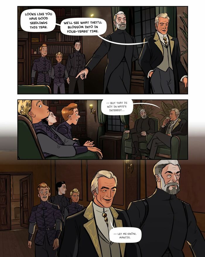 A panel from the fantasy webcomic Serpent by Yael Nathan showing two well-dressed older men talking in a room.