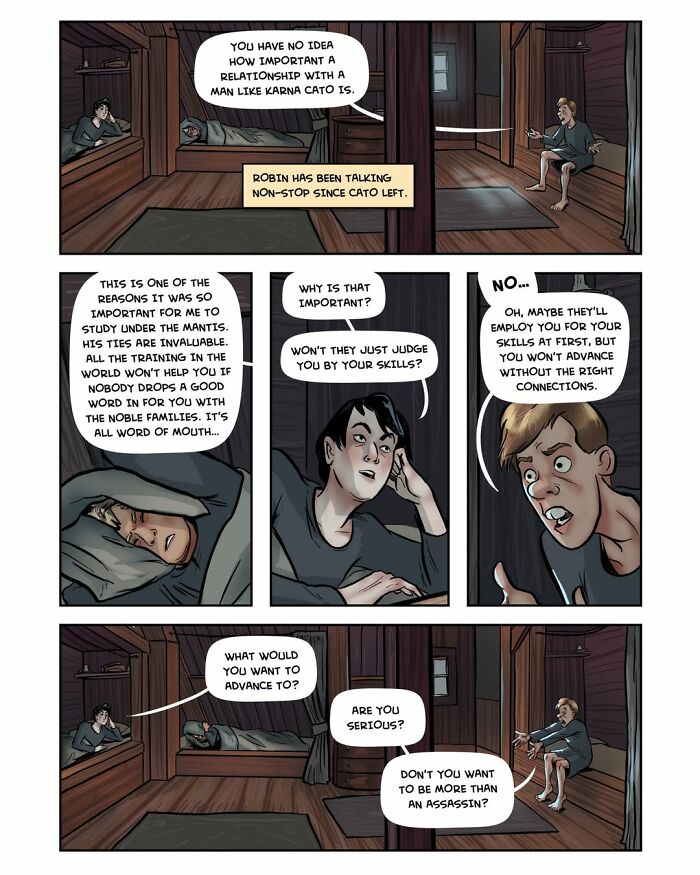 A panel from the fantasy webcomic Serpent by Yael Nathan featuring two young men discussing ambitions in a bedroom.