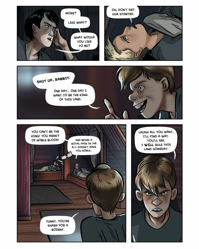 A panel from the fantasy webcomic Serpent by Yael Nathan depicting two young men arguing about who will be king.