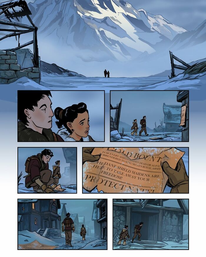 A panel from the fantasy webcomic Serpent by Yael Nathan showcasing a snowy mountain landscape and a wanted poster.