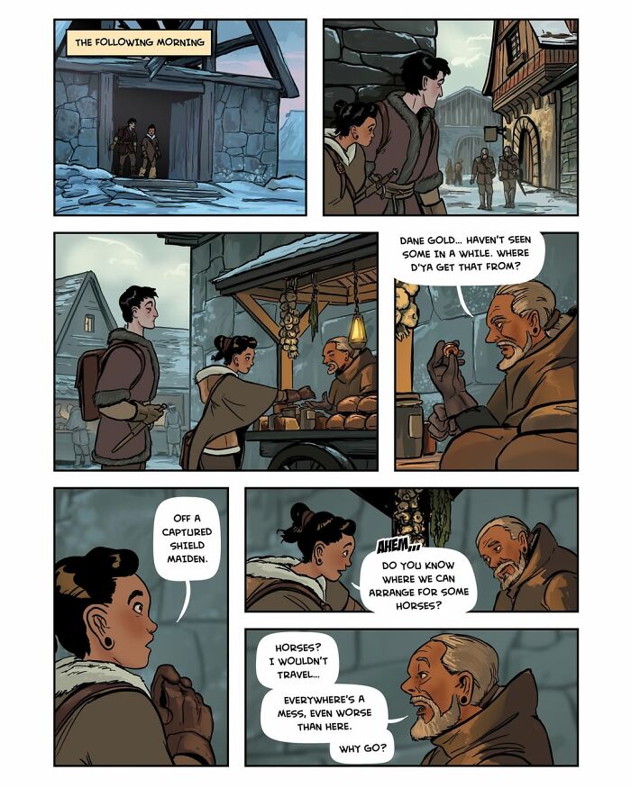 A panel from the fantasy webcomic Serpent by Yael Nathan with two characters at a market stall, asking about horses.