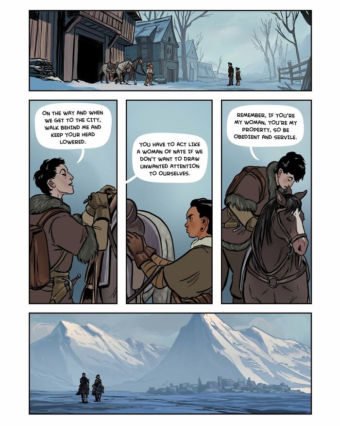 A panel from the female-led fantasy webcomic Serpent by Yael Nathan, showing characters on horseback in a snowy landscape.