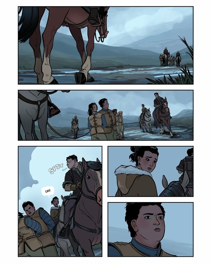 A panel from the female-led fantasy webcomic Serpent by Yael Nathan, depicting characters riding horses near a river.
