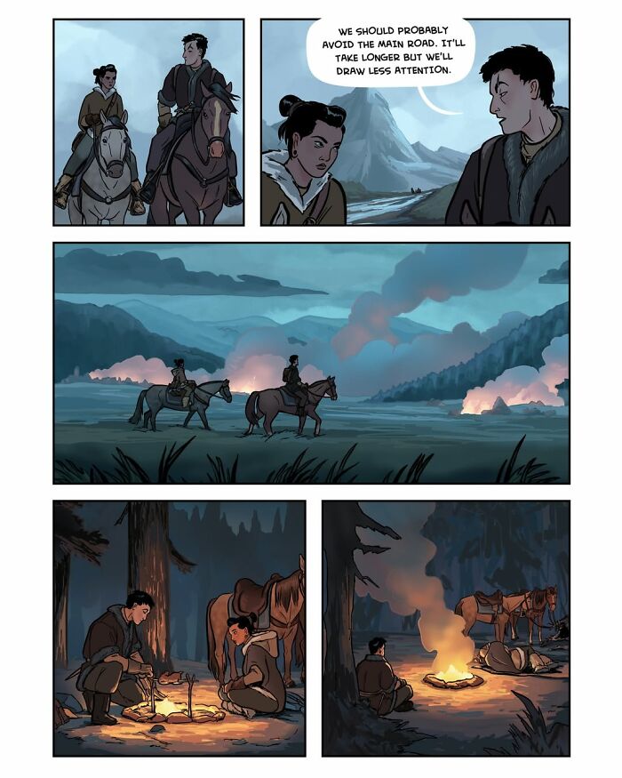 A panel from the female-led fantasy webcomic Serpent by Yael Nathan, with characters camping by a fire at night.