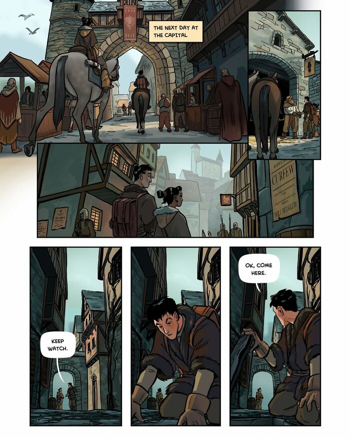 A panel from the female-led fantasy webcomic Serpent by Yael Nathan, illustrating characters arriving at a bustling capital city.