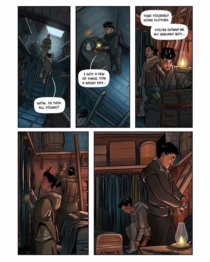 A panel from the female-led fantasy webcomic Serpent by Yael Nathan, showing characters looking for clothes in a hidden room.