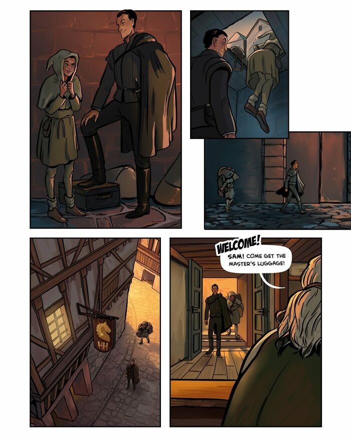 A female-led fantasy webcomic, Serpent, by Yael Nathan, showing arrival at an inn, with a porter carrying luggage.