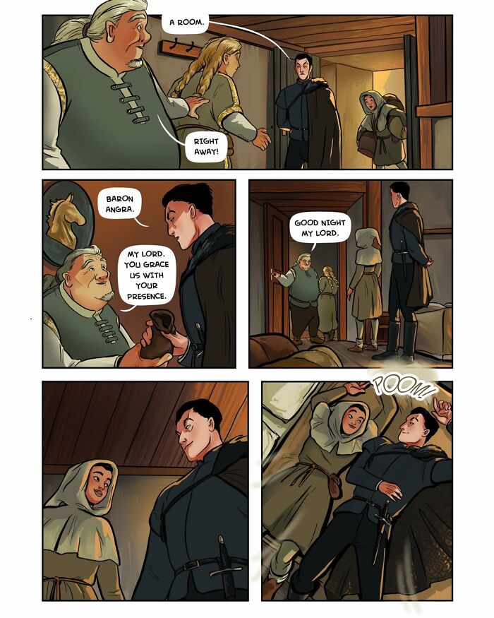 A female-led fantasy webcomic, Serpent, by Yael Nathan, depicting characters checking into a room and a character collapsing on the bed.