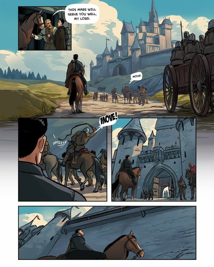 A female-led fantasy webcomic, Serpent, by Yael Nathan, featuring a character on horseback approaching a large castle.
