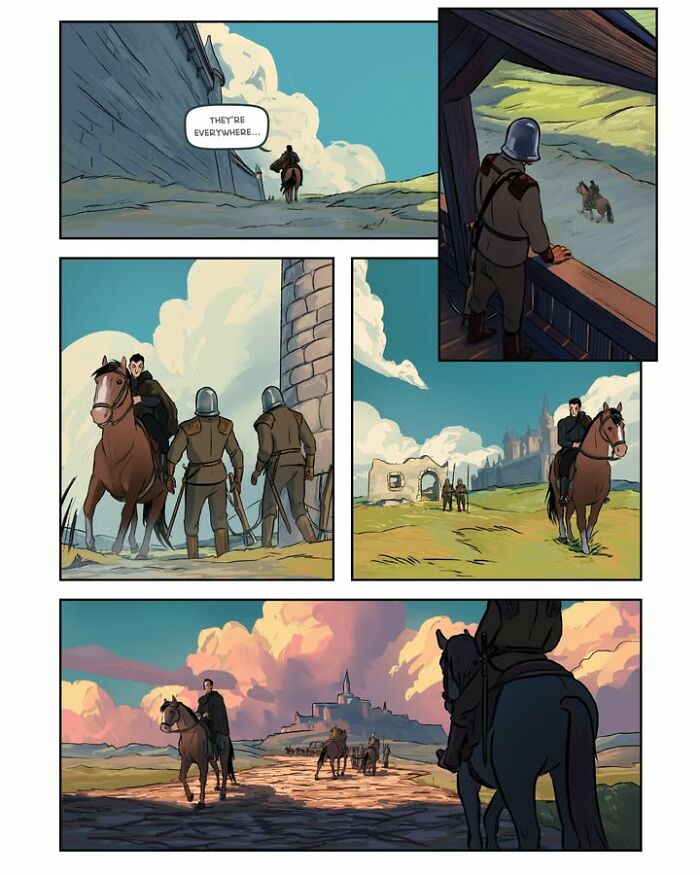 A female-led fantasy webcomic, Serpent, by Yael Nathan, displaying a character on horseback riding away from a castle, surrounded by guards.