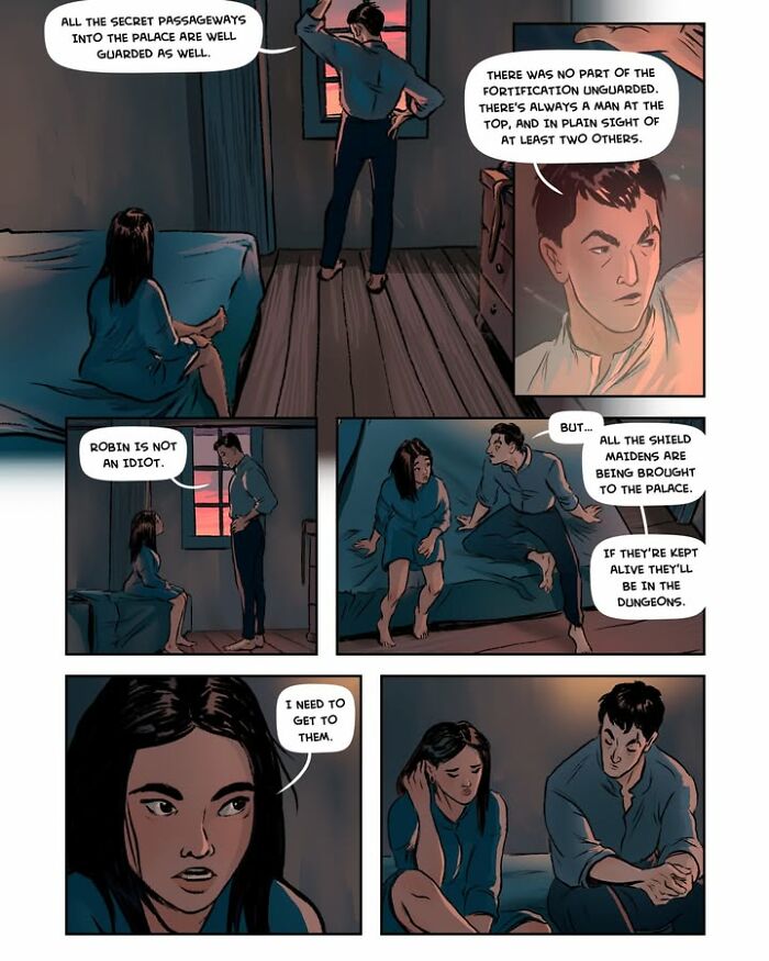 A comic panel from the female-led fantasy webcomic Serpent, showing two characters discussing escape from a guarded palace.