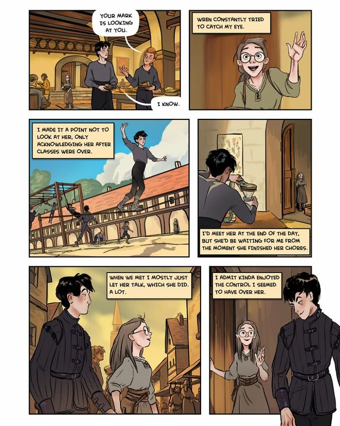 A comic panel from the female-led fantasy webcomic Serpent, illustrating a character interacting with Wren, showcasing a past encounter.