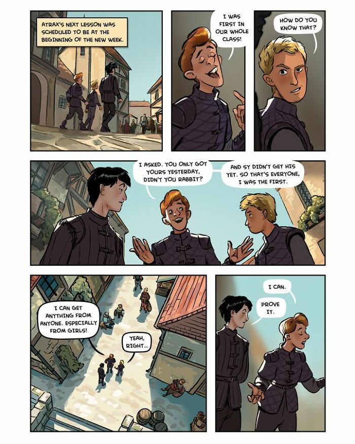 A comic panel from the female-led fantasy webcomic Serpent, depicting young male characters discussing lessons and achievements.