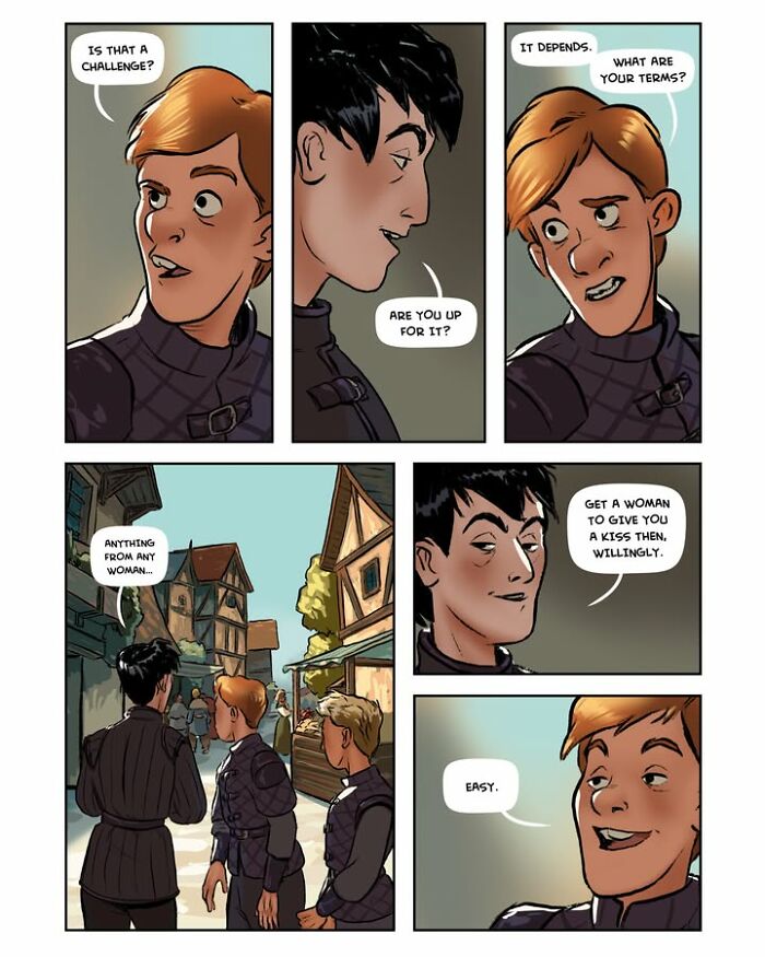A comic panel from the female-led fantasy webcomic Serpent, showing two characters engaging in a challenge about women.