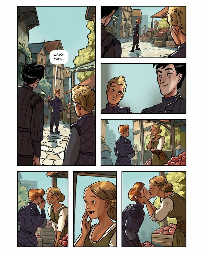 A female-led fantasy webcomic Serpent scene where a boy tries to impress another with a magic trick.