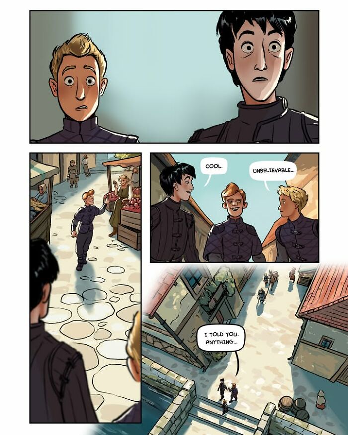 A female-led fantasy webcomic Serpent page depicting two boys watching another performing magic in a market.