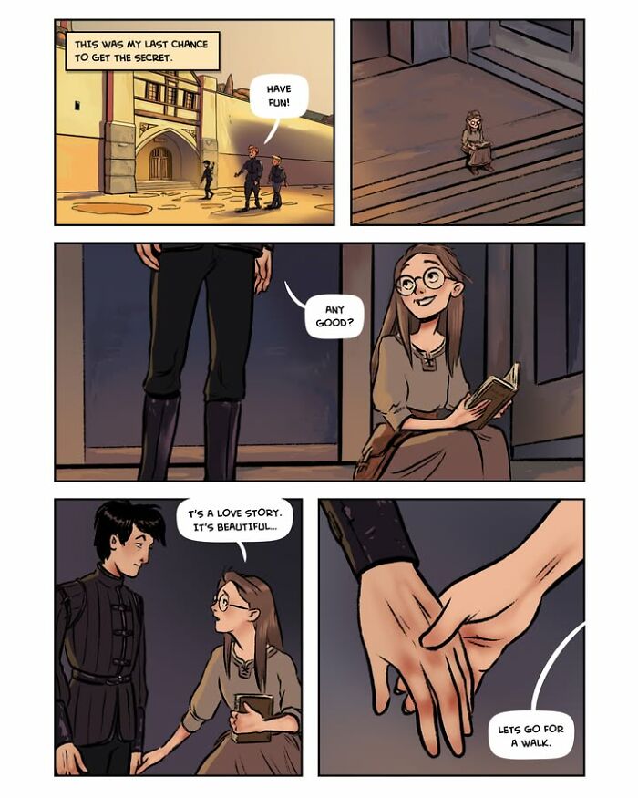 A female-led fantasy webcomic Serpent panel showing a young couple holding hands, a tender moment.