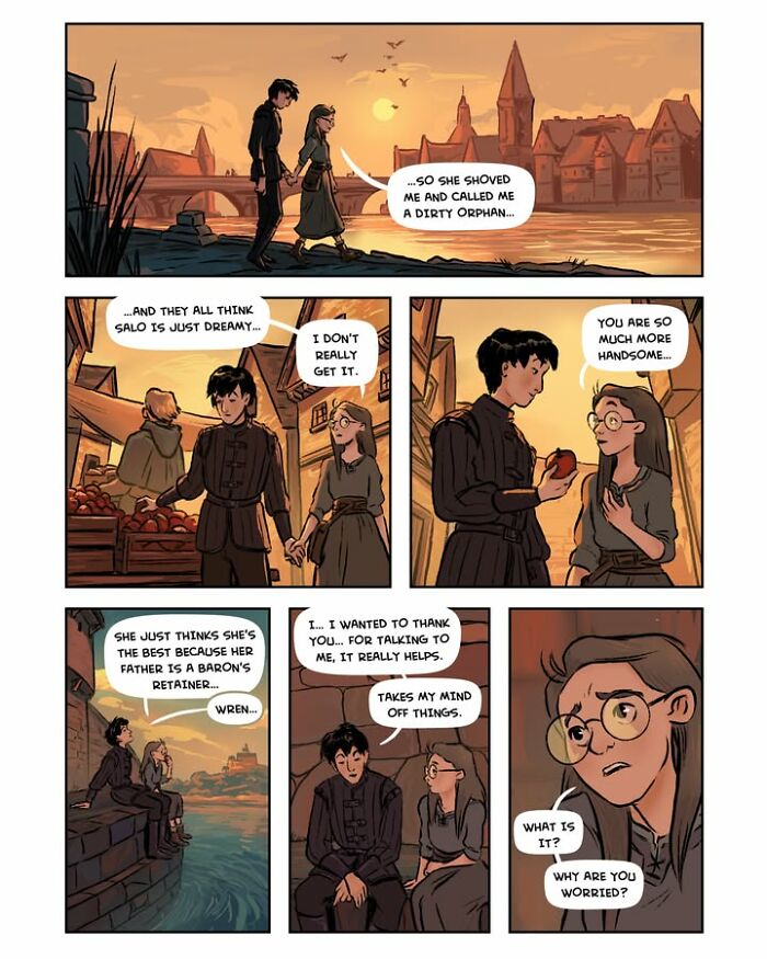 A female-led fantasy webcomic Serpent scene of a boy and girl conversing, with city background.