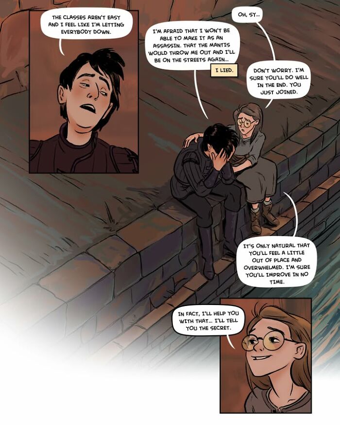 A female-led fantasy webcomic Serpent illustration of a boy comforting a distressed girl on a wall.