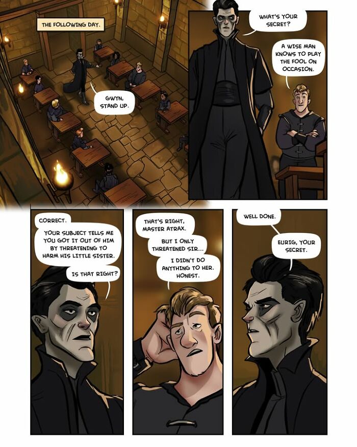 A dark-haired man in a long coat interrogates a student in a classroom from the fantasy webcomic Serpent by Yael Nathan.