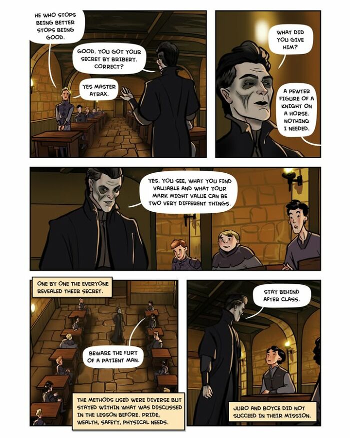 A teacher in a dark coat stands before a class of students, discussing secrets in the fantasy webcomic Serpent by Yael Nathan.