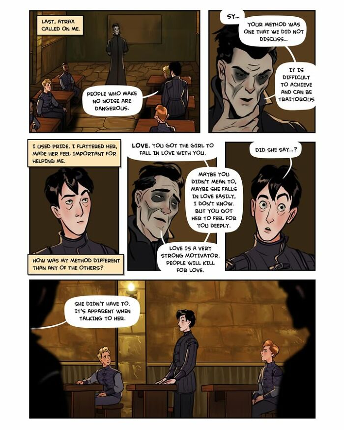 A dark-haired man in a long coat stands in a classroom, talking about love and secrets from the fantasy webcomic Serpent by Yael Nathan.