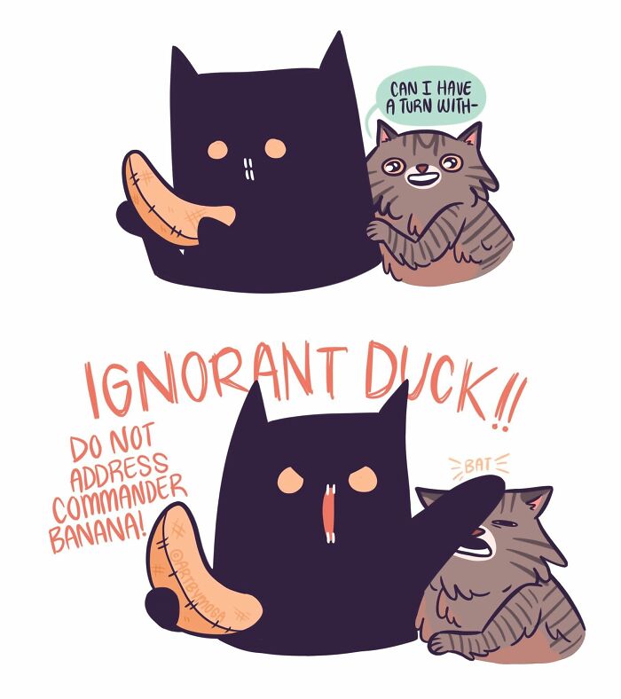 A comic about life with a cat: A black cat guards 'Commander Banana' fiercely from a striped cat.