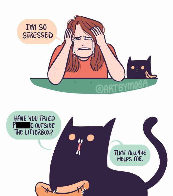A comic about life with a cat: A crying woman is stressed, while a black cat suggests urinating outside the litterbox.
