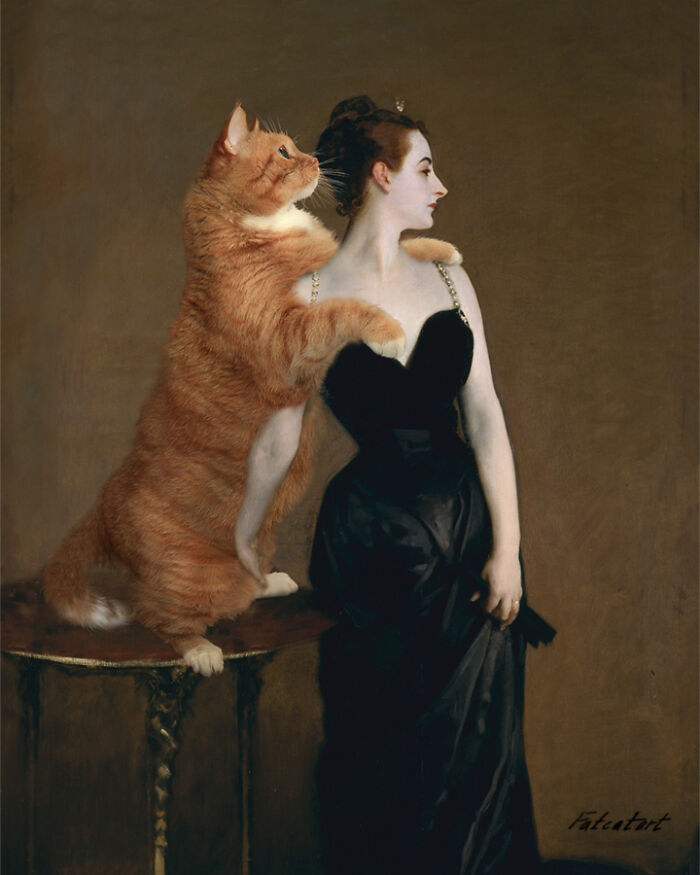 Hilarious twist on classical paintings: a fat orange cat stands on a table, interacting with a woman.