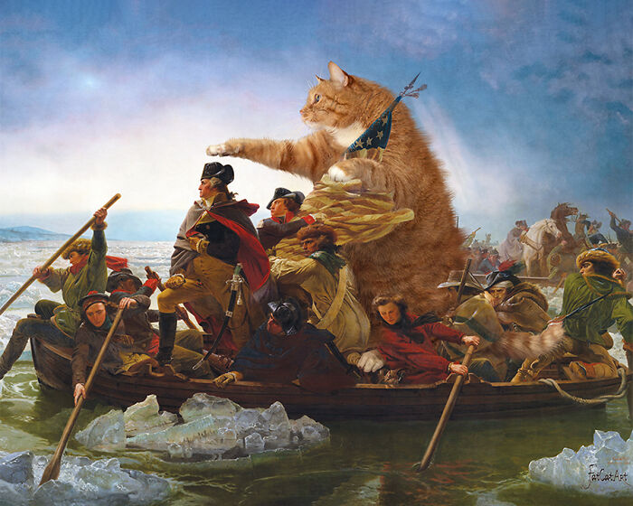 Hilarious twist on classical paintings: a fat orange cat replaces George Washington in a famous scene.