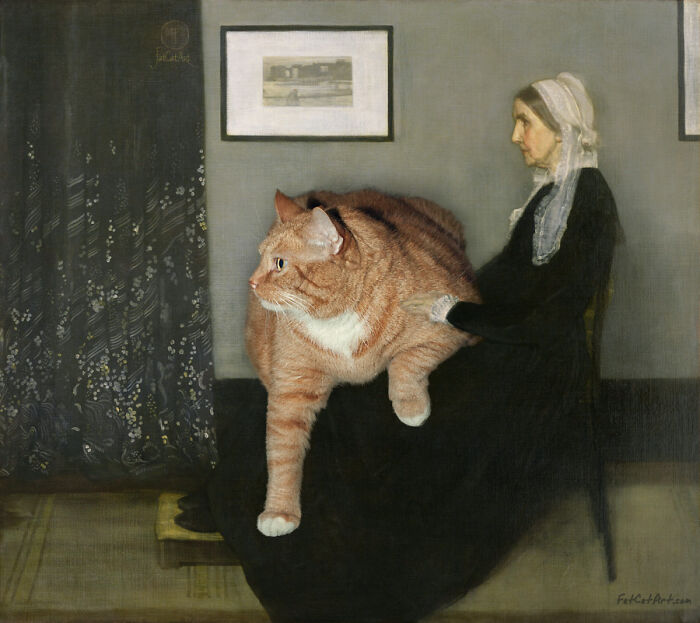 Hilarious twist on classical painting: a fat orange cat sits on an old woman's lap, mirroring a famous portrait.