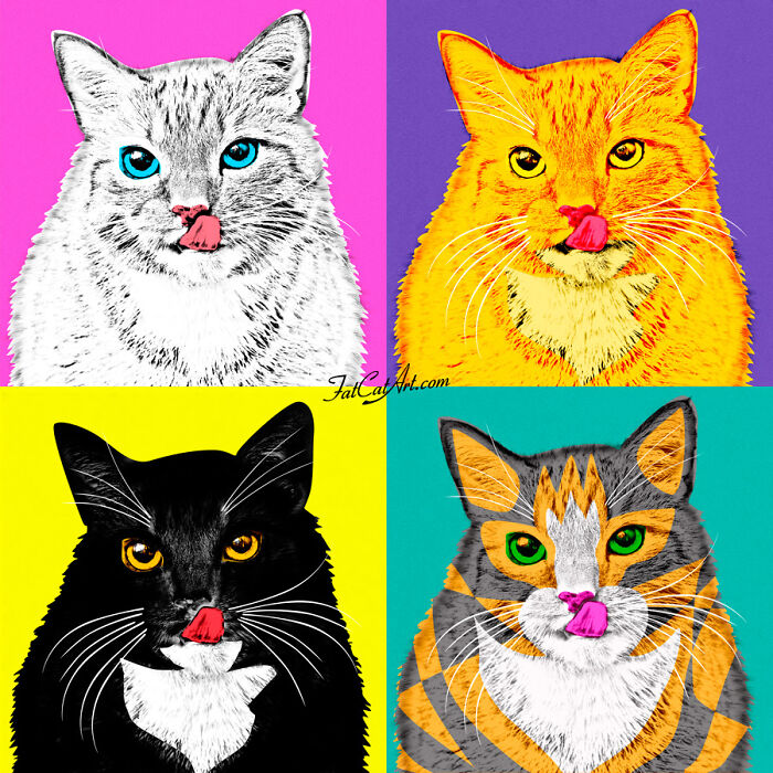Hilarious twist on classical painting: four pop art style images of fat orange cats, each licking their nose.