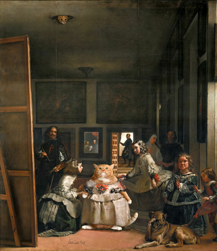 Hilarious twist on classical painting: a fat orange cat in a dress stands among children in a grand hall.