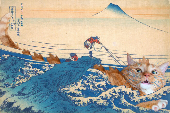Hilarious twist on classical painting: a fat orange cat emerges from a large wave, resembling The Great Wave.