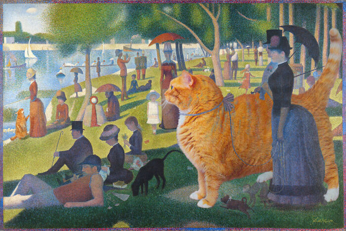 Hilarious twist on classical painting: a fat orange cat replaces the woman in a famous artwork.