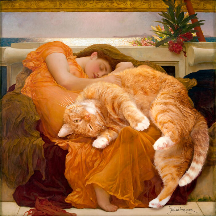A fat orange cat sleeps on a woman in a classical painting, a hilarious twist on famous art.